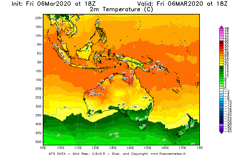 Mappa di analisi GFS - Temperatura a 2 metri dal suolo [°C] in Oceania
							del 06/03/2020 18 <!--googleoff: index-->UTC<!--googleon: index-->