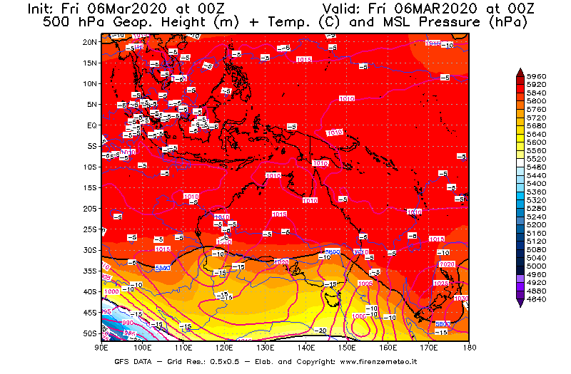 Mappa di analisi GFS - Geopotenziale [m] + Temp. [°C] a 500 hPa + Press. a livello del mare [hPa] in Oceania
							del 06/03/2020 00 <!--googleoff: index-->UTC<!--googleon: index-->