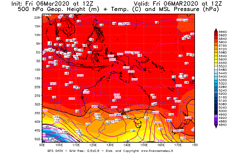 Mappa di analisi GFS - Geopotenziale [m] + Temp. [°C] a 500 hPa + Press. a livello del mare [hPa] in Oceania
							del 06/03/2020 12 <!--googleoff: index-->UTC<!--googleon: index-->