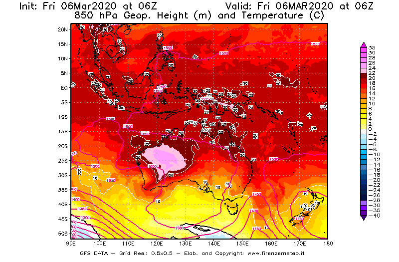 Mappa di analisi GFS - Geopotenziale [m] e Temperatura [°C] a 850 hPa in Oceania
									del 06/03/2020 06 <!--googleoff: index-->UTC<!--googleon: index-->