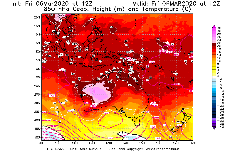 Mappa di analisi GFS - Geopotenziale [m] e Temperatura [°C] a 850 hPa in Oceania
									del 06/03/2020 12 <!--googleoff: index-->UTC<!--googleon: index-->