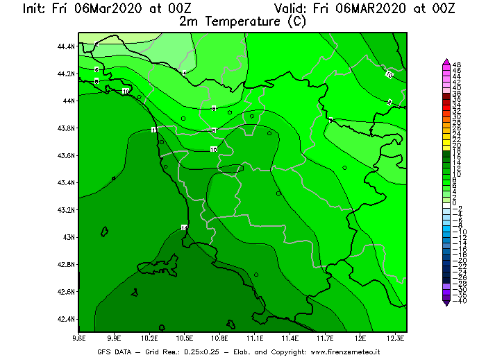 Mappa di analisi GFS - Temperatura a 2 metri dal suolo [°C] in Toscana
									del 06/03/2020 00 <!--googleoff: index-->UTC<!--googleon: index-->