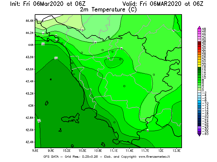 Mappa di analisi GFS - Temperatura a 2 metri dal suolo [°C] in Toscana
									del 06/03/2020 06 <!--googleoff: index-->UTC<!--googleon: index-->