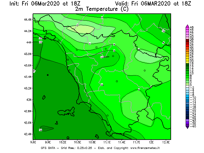 Mappa di analisi GFS - Temperatura a 2 metri dal suolo [°C] in Toscana
							del 06/03/2020 18 <!--googleoff: index-->UTC<!--googleon: index-->