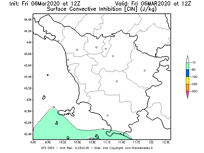 Mappa di analisi GFS - CIN [J/kg] in Toscana
							del 06/03/2020 12 <!--googleoff: index-->UTC<!--googleon: index-->