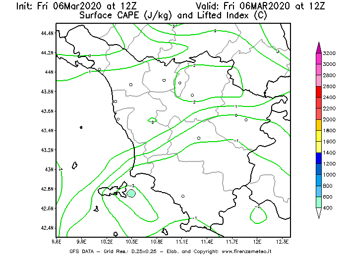 Mappa di analisi GFS - CAPE [J/kg] e Lifted Index [°C] in Toscana
							del 06/03/2020 12 <!--googleoff: index-->UTC<!--googleon: index-->