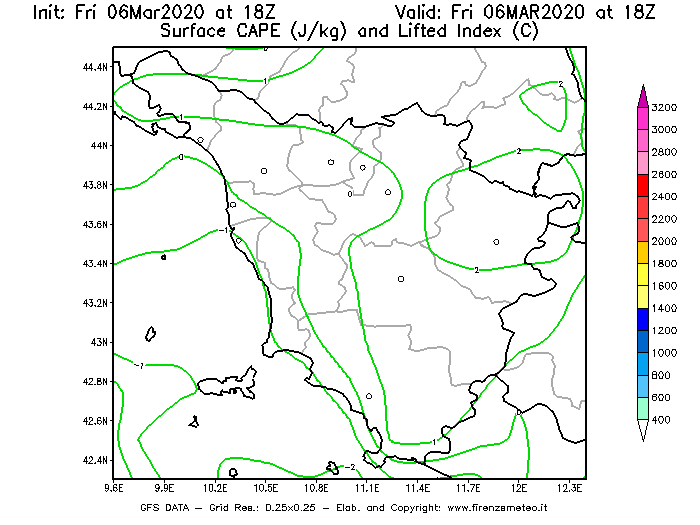 Mappa di analisi GFS - CAPE [J/kg] e Lifted Index [°C] in Toscana
									del 06/03/2020 18 <!--googleoff: index-->UTC<!--googleon: index-->