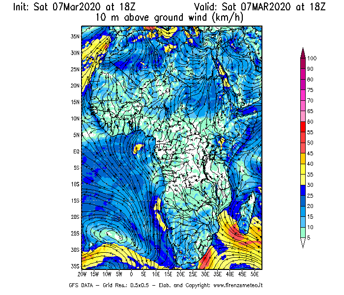 Mappa di analisi GFS - Velocità del vento a 10 metri dal suolo [km/h] in Africa
							del 07/03/2020 18 <!--googleoff: index-->UTC<!--googleon: index-->