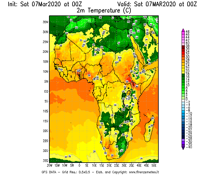 Mappa di analisi GFS - Temperatura a 2 metri dal suolo [°C] in Africa
							del 07/03/2020 00 <!--googleoff: index-->UTC<!--googleon: index-->
