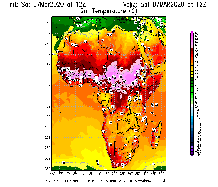 Mappa di analisi GFS - Temperatura a 2 metri dal suolo [°C] in Africa
							del 07/03/2020 12 <!--googleoff: index-->UTC<!--googleon: index-->
