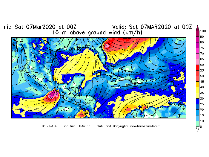 Mappa di analisi GFS - Velocità del vento a 10 metri dal suolo [km/h] in Centro-America
							del 07/03/2020 00 <!--googleoff: index-->UTC<!--googleon: index-->