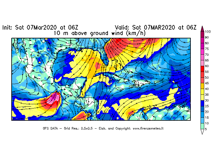 Mappa di analisi GFS - Velocità del vento a 10 metri dal suolo [km/h] in Centro-America
							del 07/03/2020 06 <!--googleoff: index-->UTC<!--googleon: index-->