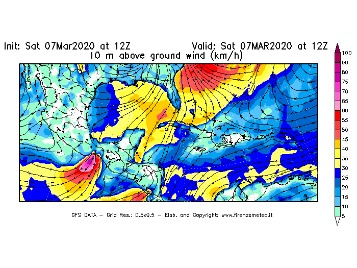 Mappa di analisi GFS - Velocità del vento a 10 metri dal suolo [km/h] in Centro-America
							del 07/03/2020 12 <!--googleoff: index-->UTC<!--googleon: index-->
