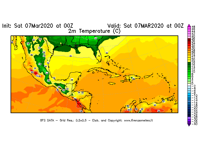 Mappa di analisi GFS - Temperatura a 2 metri dal suolo [°C] in Centro-America
							del 07/03/2020 00 <!--googleoff: index-->UTC<!--googleon: index-->