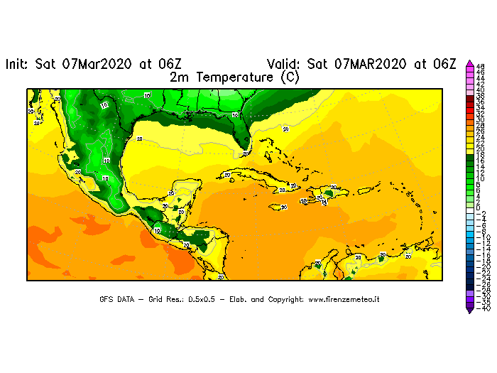 Mappa di analisi GFS - Temperatura a 2 metri dal suolo [°C] in Centro-America
							del 07/03/2020 06 <!--googleoff: index-->UTC<!--googleon: index-->