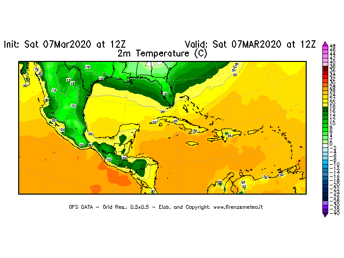 Mappa di analisi GFS - Temperatura a 2 metri dal suolo [°C] in Centro-America
							del 07/03/2020 12 <!--googleoff: index-->UTC<!--googleon: index-->