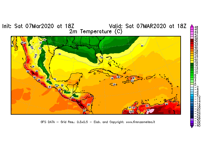 Mappa di analisi GFS - Temperatura a 2 metri dal suolo [°C] in Centro-America
							del 07/03/2020 18 <!--googleoff: index-->UTC<!--googleon: index-->