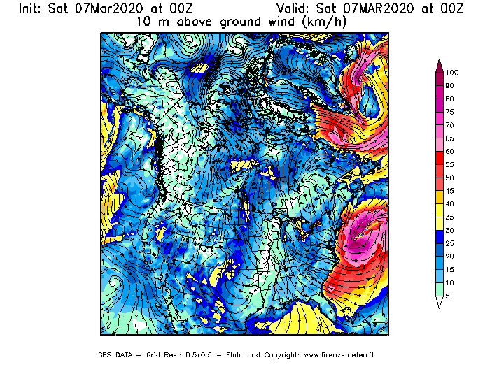Mappa di analisi GFS - Velocità del vento a 10 metri dal suolo [km/h] in Nord-America
							del 07/03/2020 00 <!--googleoff: index-->UTC<!--googleon: index-->
