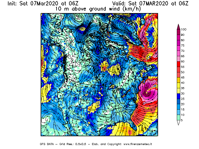 Mappa di analisi GFS - Velocità del vento a 10 metri dal suolo [km/h] in Nord-America
							del 07/03/2020 06 <!--googleoff: index-->UTC<!--googleon: index-->