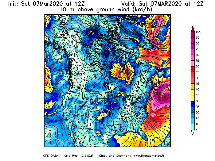 Mappa di analisi GFS - Velocità del vento a 10 metri dal suolo [km/h] in Nord-America
							del 07/03/2020 12 <!--googleoff: index-->UTC<!--googleon: index-->