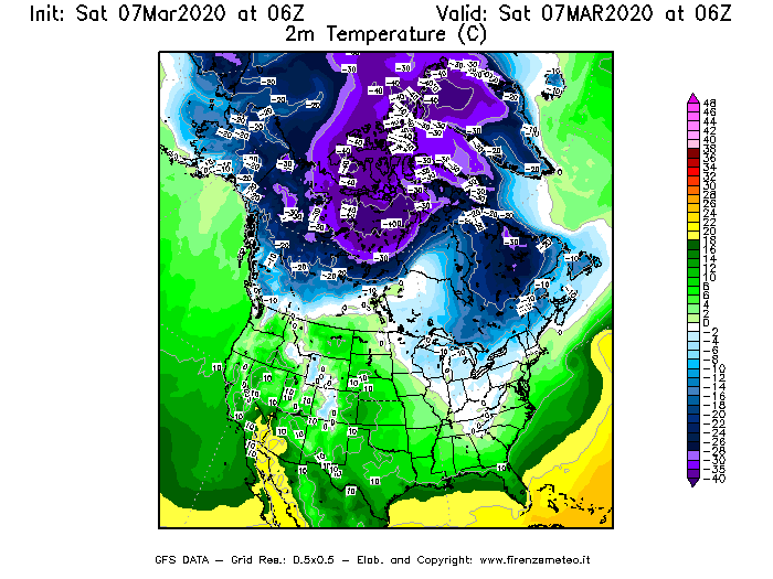 Mappa di analisi GFS - Temperatura a 2 metri dal suolo [°C] in Nord-America
							del 07/03/2020 06 <!--googleoff: index-->UTC<!--googleon: index-->