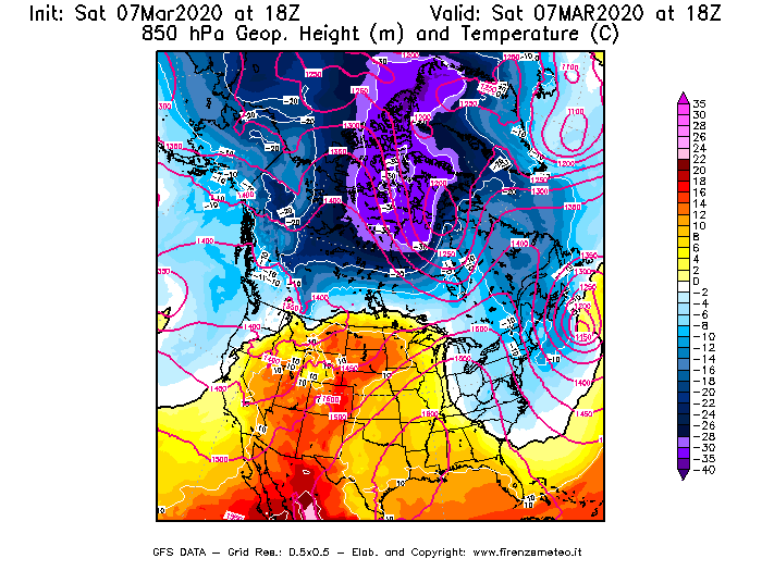 Mappa di analisi GFS - Geopotenziale [m] e Temperatura [°C] a 850 hPa in Nord-America
							del 07/03/2020 18 <!--googleoff: index-->UTC<!--googleon: index-->
