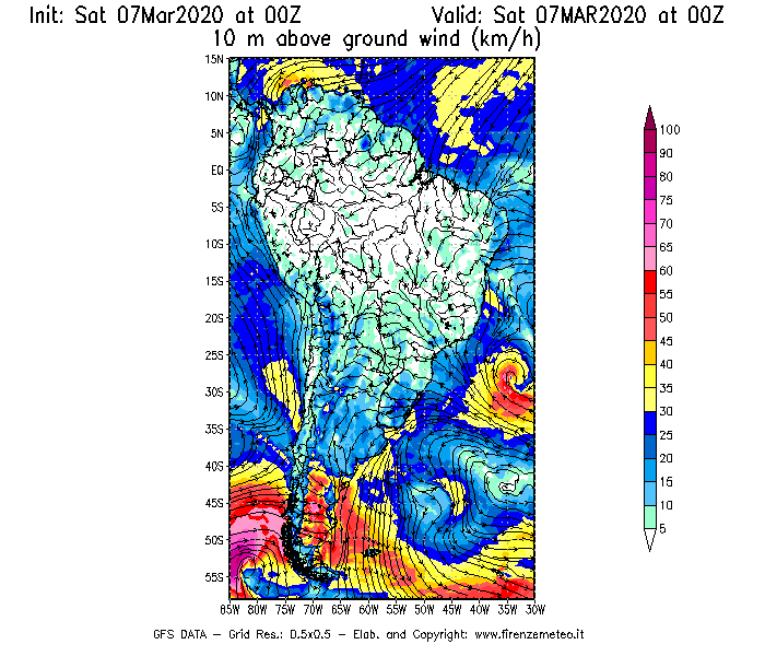 Mappa di analisi GFS - Velocità del vento a 10 metri dal suolo [km/h] in Sud-America
							del 07/03/2020 00 <!--googleoff: index-->UTC<!--googleon: index-->