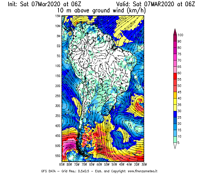 Mappa di analisi GFS - Velocità del vento a 10 metri dal suolo [km/h] in Sud-America
							del 07/03/2020 06 <!--googleoff: index-->UTC<!--googleon: index-->