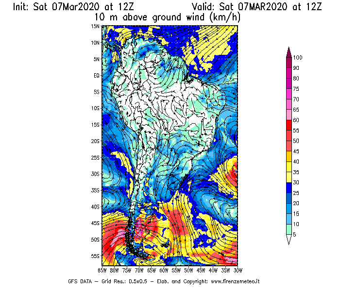 Mappa di analisi GFS - Velocità del vento a 10 metri dal suolo [km/h] in Sud-America
							del 07/03/2020 12 <!--googleoff: index-->UTC<!--googleon: index-->