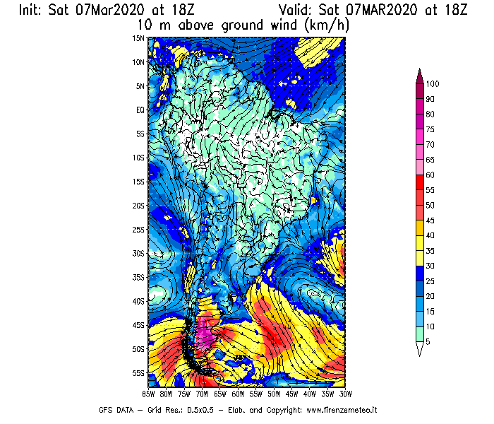 Mappa di analisi GFS - Velocità del vento a 10 metri dal suolo [km/h] in Sud-America
							del 07/03/2020 18 <!--googleoff: index-->UTC<!--googleon: index-->