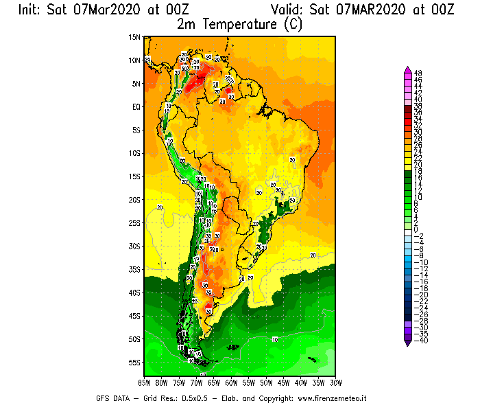 Mappa di analisi GFS - Temperatura a 2 metri dal suolo [°C] in Sud-America
							del 07/03/2020 00 <!--googleoff: index-->UTC<!--googleon: index-->