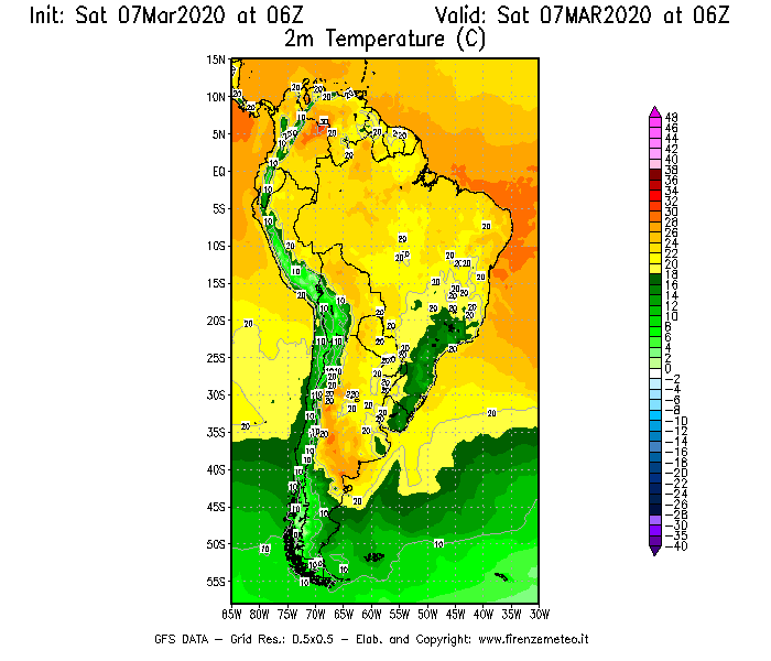 Mappa di analisi GFS - Temperatura a 2 metri dal suolo [°C] in Sud-America
							del 07/03/2020 06 <!--googleoff: index-->UTC<!--googleon: index-->