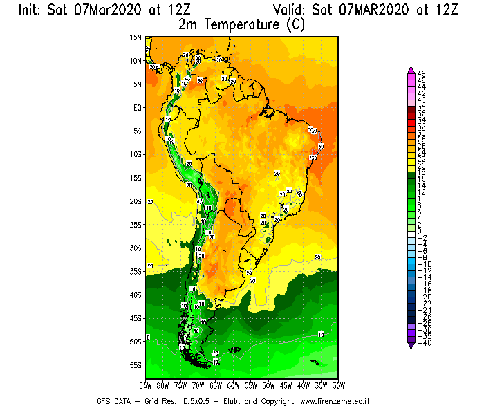 Mappa di analisi GFS - Temperatura a 2 metri dal suolo [°C] in Sud-America
							del 07/03/2020 12 <!--googleoff: index-->UTC<!--googleon: index-->