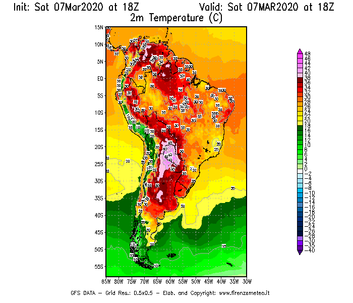 Mappa di analisi GFS - Temperatura a 2 metri dal suolo [°C] in Sud-America
							del 07/03/2020 18 <!--googleoff: index-->UTC<!--googleon: index-->