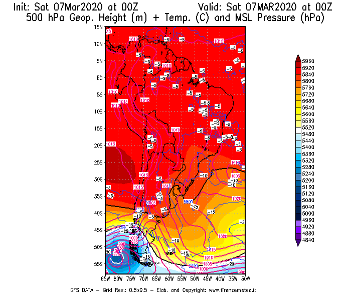 Mappa di analisi GFS - Geopotenziale [m] + Temp. [°C] a 500 hPa + Press. a livello del mare [hPa] in Sud-America
							del 07/03/2020 00 <!--googleoff: index-->UTC<!--googleon: index-->