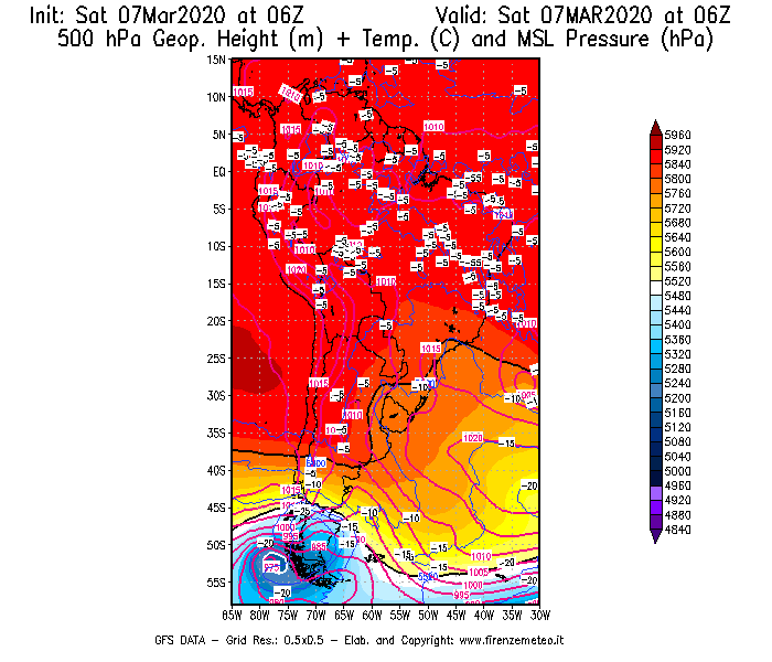 Mappa di analisi GFS - Geopotenziale [m] + Temp. [°C] a 500 hPa + Press. a livello del mare [hPa] in Sud-America
							del 07/03/2020 06 <!--googleoff: index-->UTC<!--googleon: index-->