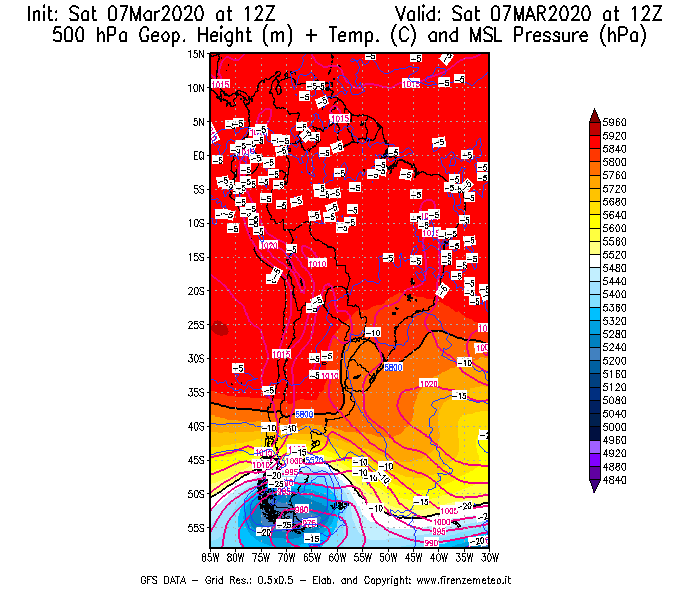Mappa di analisi GFS - Geopotenziale [m] + Temp. [°C] a 500 hPa + Press. a livello del mare [hPa] in Sud-America
							del 07/03/2020 12 <!--googleoff: index-->UTC<!--googleon: index-->
