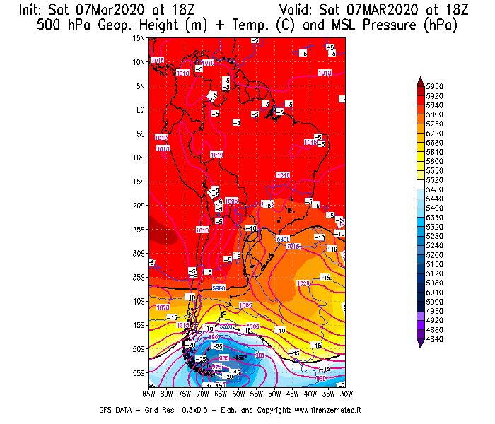 Mappa di analisi GFS - Geopotenziale [m] + Temp. [°C] a 500 hPa + Press. a livello del mare [hPa] in Sud-America
							del 07/03/2020 18 <!--googleoff: index-->UTC<!--googleon: index-->