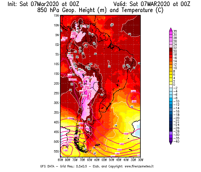 Mappa di analisi GFS - Geopotenziale [m] e Temperatura [°C] a 850 hPa in Sud-America
							del 07/03/2020 00 <!--googleoff: index-->UTC<!--googleon: index-->