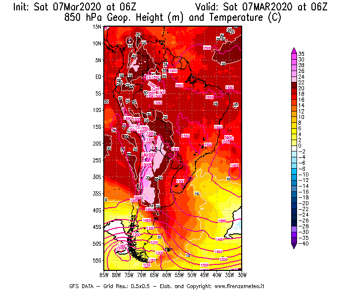 Mappa di analisi GFS - Geopotenziale [m] e Temperatura [°C] a 850 hPa in Sud-America
							del 07/03/2020 06 <!--googleoff: index-->UTC<!--googleon: index-->