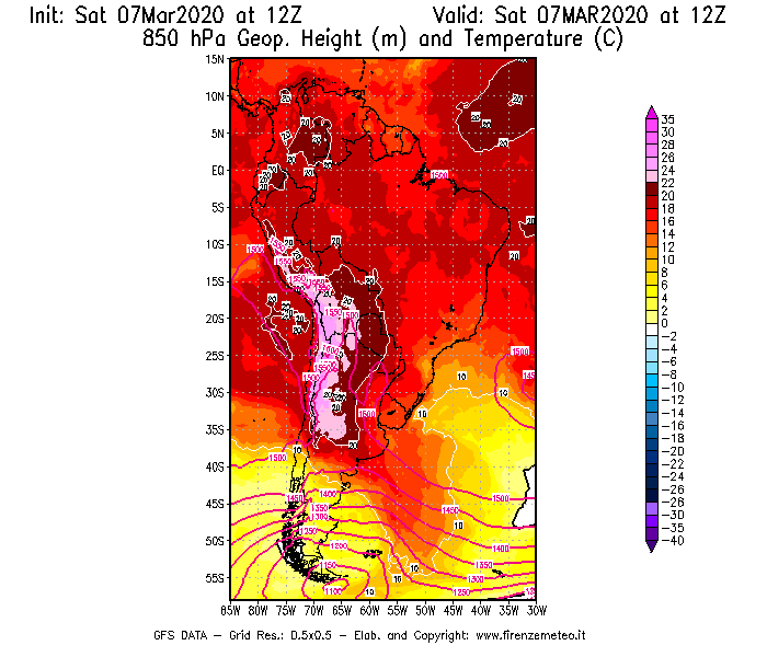 Mappa di analisi GFS - Geopotenziale [m] e Temperatura [°C] a 850 hPa in Sud-America
							del 07/03/2020 12 <!--googleoff: index-->UTC<!--googleon: index-->