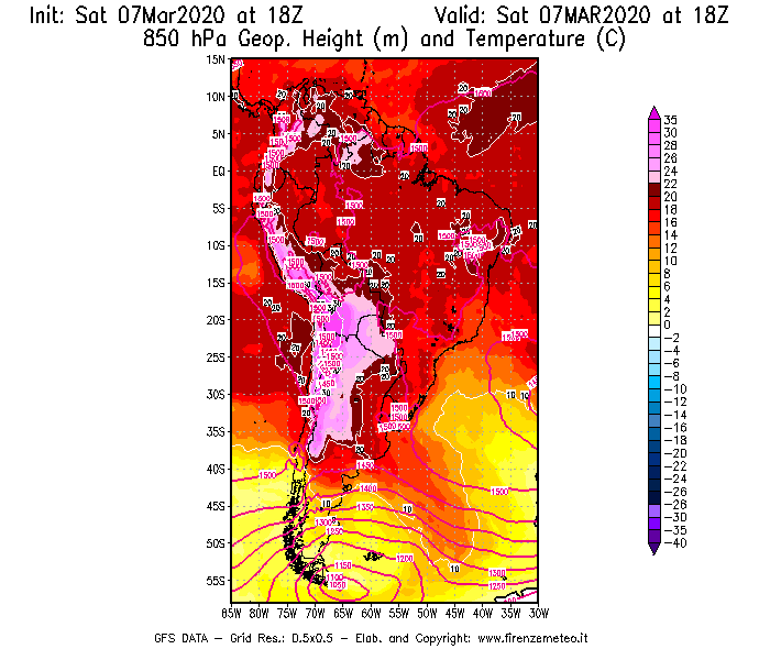 Mappa di analisi GFS - Geopotenziale [m] e Temperatura [°C] a 850 hPa in Sud-America
							del 07/03/2020 18 <!--googleoff: index-->UTC<!--googleon: index-->