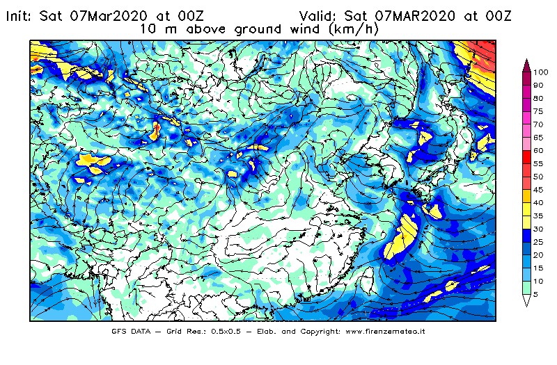 Mappa di analisi GFS - Velocità del vento a 10 metri dal suolo [km/h] in Asia Orientale
							del 07/03/2020 00 <!--googleoff: index-->UTC<!--googleon: index-->
