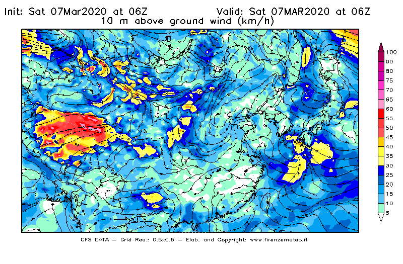 Mappa di analisi GFS - Velocità del vento a 10 metri dal suolo [km/h] in Asia Orientale
							del 07/03/2020 06 <!--googleoff: index-->UTC<!--googleon: index-->