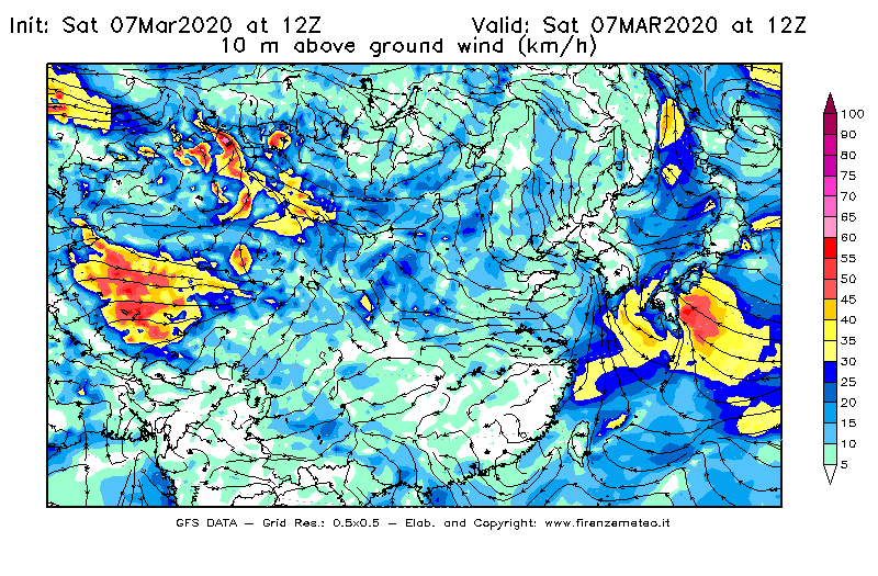 Mappa di analisi GFS - Velocità del vento a 10 metri dal suolo [km/h] in Asia Orientale
							del 07/03/2020 12 <!--googleoff: index-->UTC<!--googleon: index-->