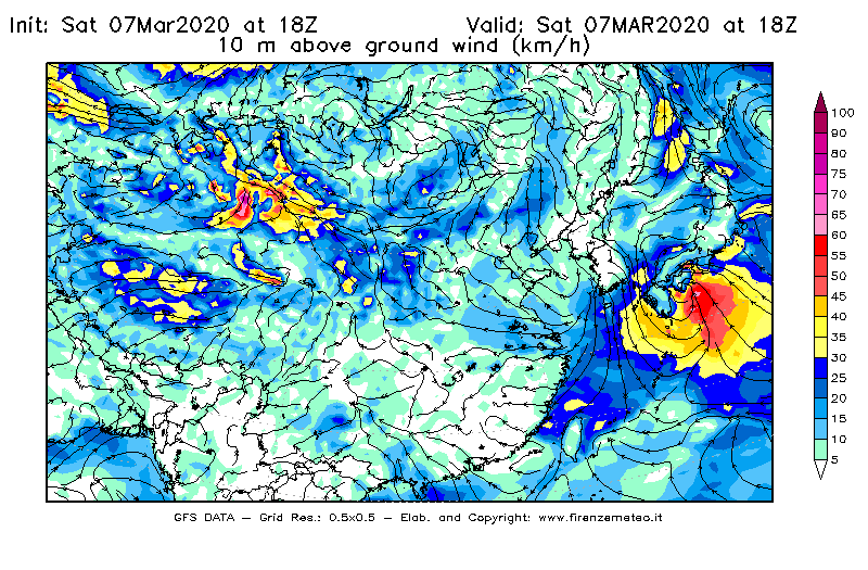Mappa di analisi GFS - Velocità del vento a 10 metri dal suolo [km/h] in Asia Orientale
							del 07/03/2020 18 <!--googleoff: index-->UTC<!--googleon: index-->