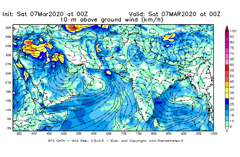 Mappa di analisi GFS - Velocità del vento a 10 metri dal suolo [km/h] in Asia Sud-Occidentale
							del 07/03/2020 00 <!--googleoff: index-->UTC<!--googleon: index-->