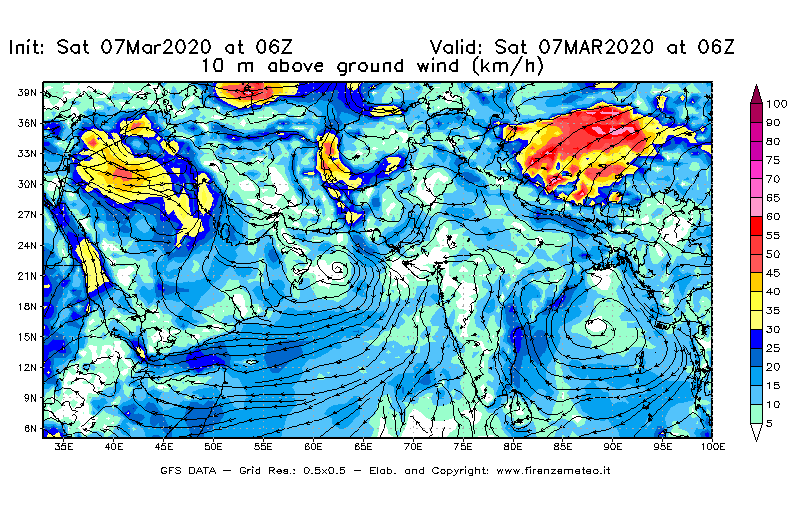Mappa di analisi GFS - Velocità del vento a 10 metri dal suolo [km/h] in Asia Sud-Occidentale
							del 07/03/2020 06 <!--googleoff: index-->UTC<!--googleon: index-->