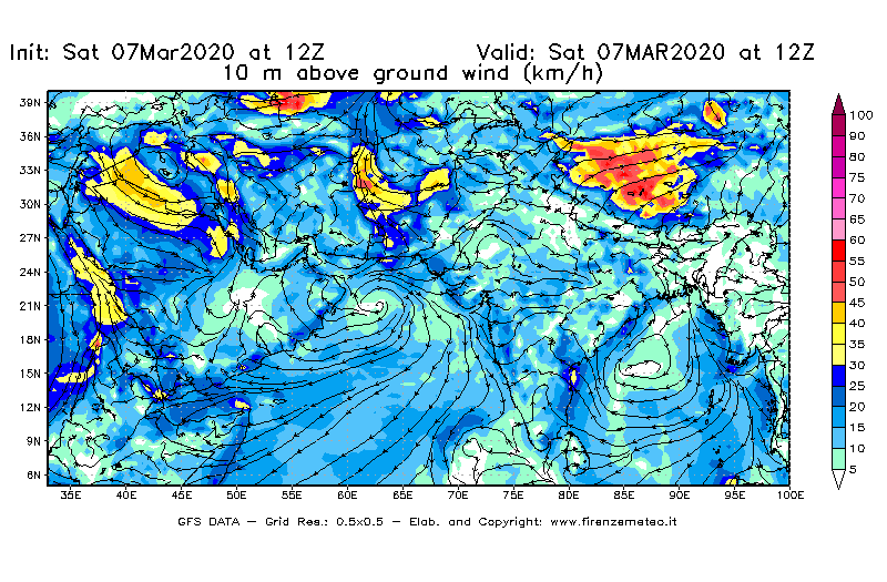 Mappa di analisi GFS - Velocità del vento a 10 metri dal suolo [km/h] in Asia Sud-Occidentale
							del 07/03/2020 12 <!--googleoff: index-->UTC<!--googleon: index-->