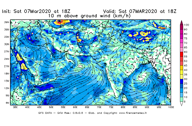 Mappa di analisi GFS - Velocità del vento a 10 metri dal suolo [km/h] in Asia Sud-Occidentale
							del 07/03/2020 18 <!--googleoff: index-->UTC<!--googleon: index-->